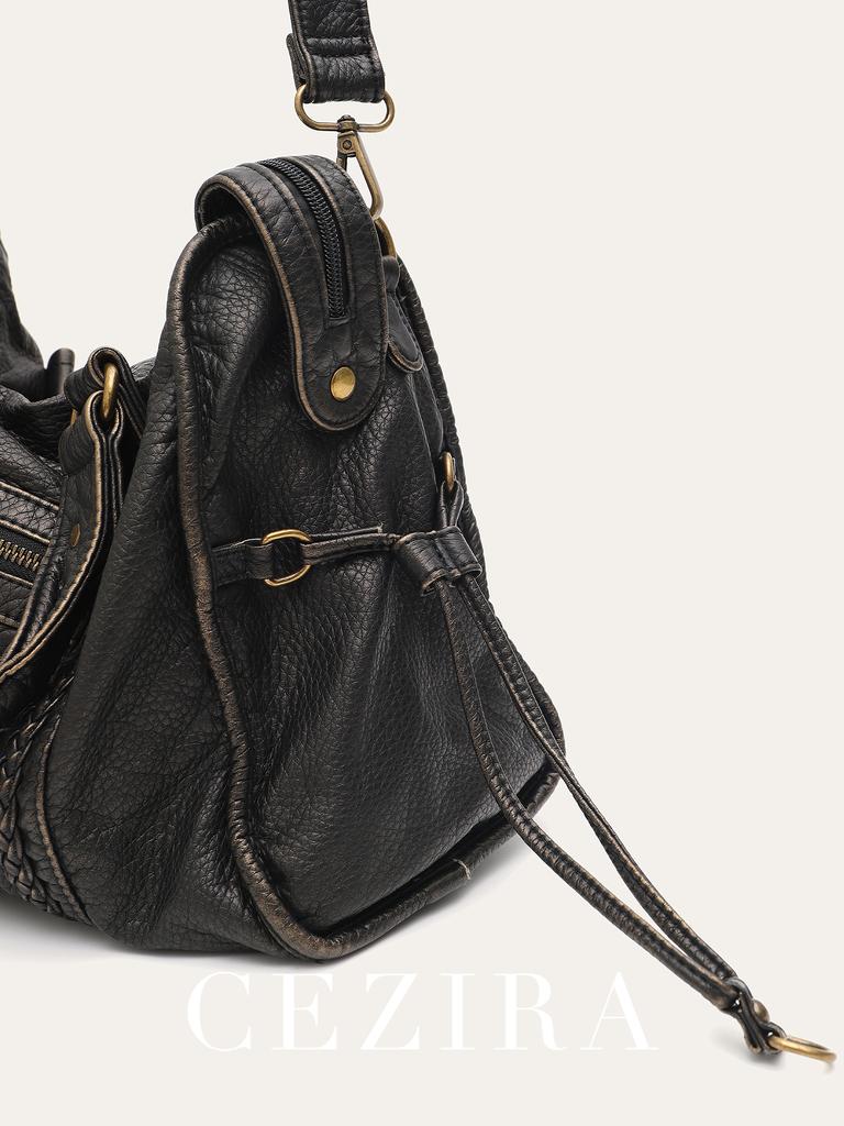 Vintage Washed PU Leather Large Capacity Tote Zip Pockets Braid Decor Shoulder Cross body Bag Unisex Women Daily Travel Handbag