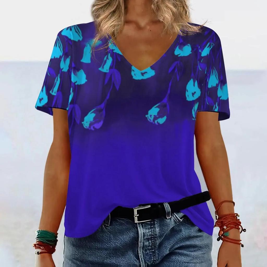 Summer V-neck 3D Gradient Printed Top Fashionable Casual Short Sleeved Women's T-shirts