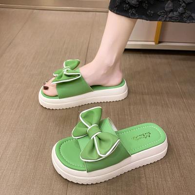 Mode mit Schleife Sommer 2024 Pantoletten Zehenfrei Grün Damen Hausschuhe und Damen Sandalen Schuhe Weich Korea Stil Rutschfest PVC F B Schuh W Y