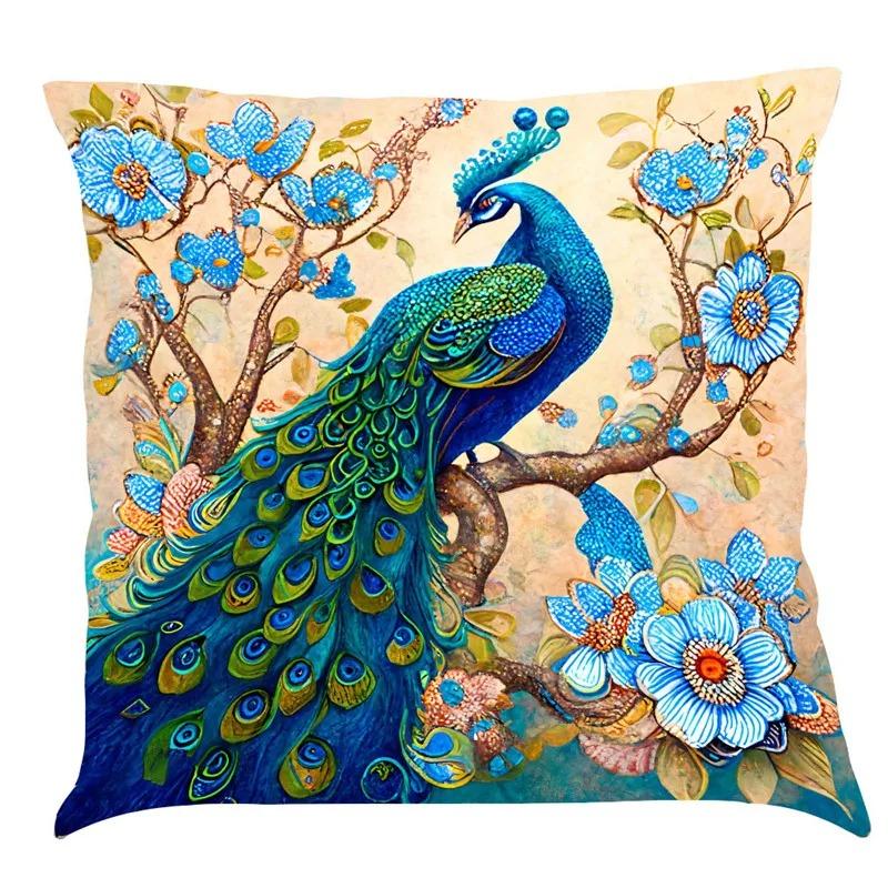 Nordic Style Peacock Cat Puppy Oil Painting Print Pillowcase 45x45 Cm Living Room Sofa Cushion Cover Bedroom Home Decoration