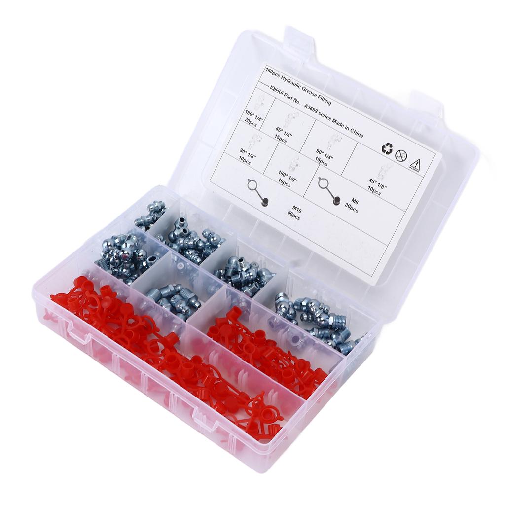 160PCS Hydraulic Grease Fitting 6 Sizes Hex Straight Elbow Type for Cars Motorcycles Trucks Farms