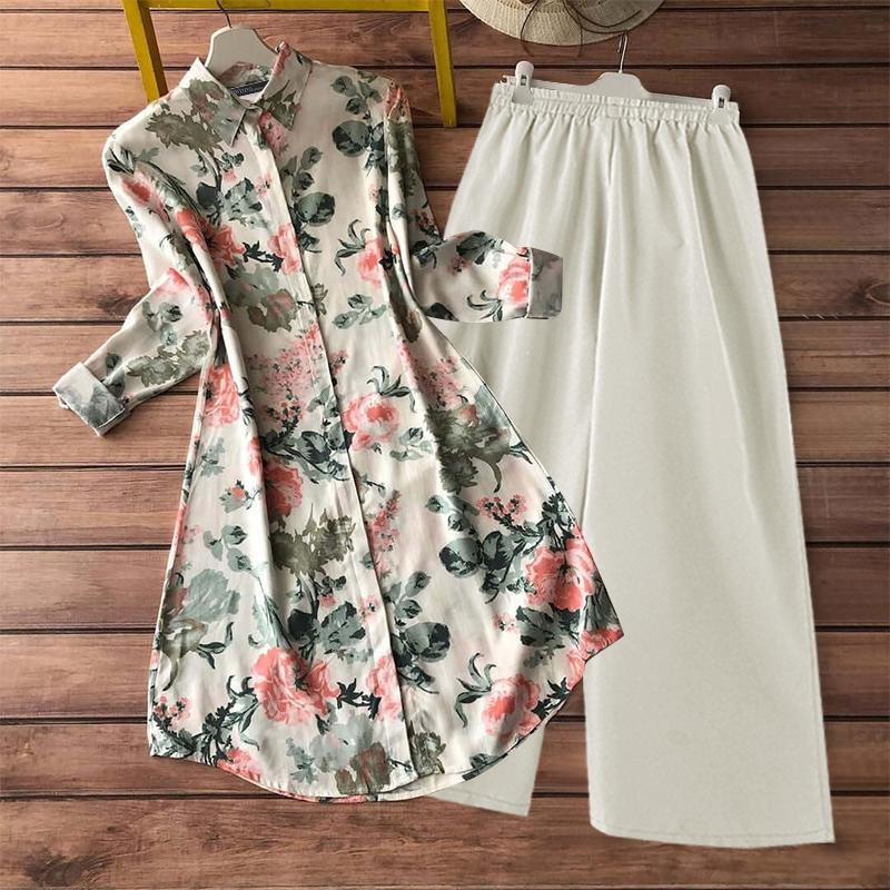 ZANZEA Women Spring Shirt Collar Long Sleeve Printed Shirt Straight Pants Two Piece Sets