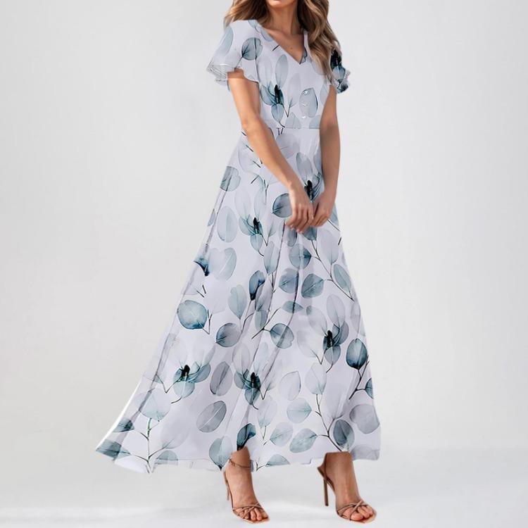 Elegant Casual Floral Maxi Dresses for Women Summer Wedding Guest Chiffon Flowing Short Sleeve Cute Dresses