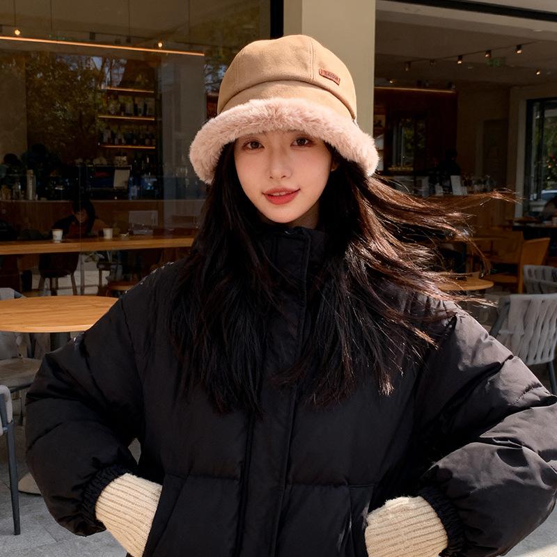 Plush hat women's big head circumference shows small face thickened plush bucket hat plush ear protection cold protection pullover hat