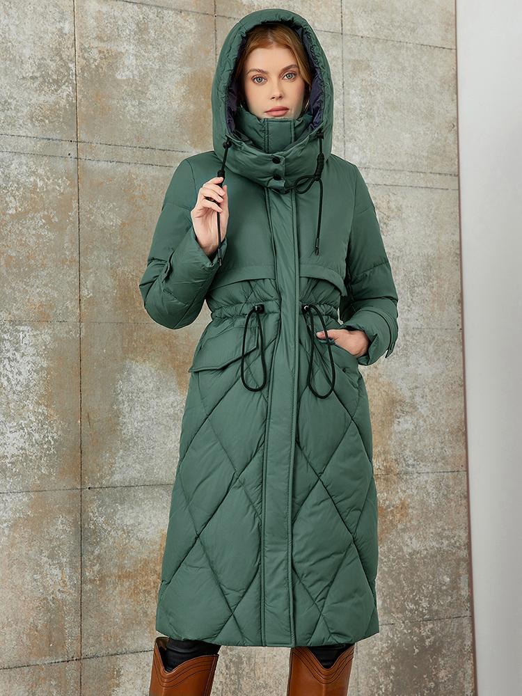 PINK CHIC 2025 New Winter Coat Women Down Jackets High Quality Rhombic Warm Lace up Hooded Long version Female Parka W6553