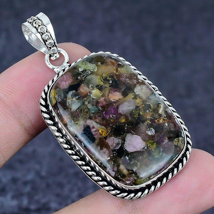 Watermelon Tourmaline Gemstone 925 Sterling Silver Jewelry Pendant 2.05"