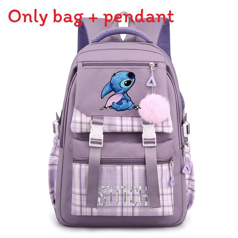 Cute Girl Backpack For School With Stitch Print And Checkered Patchwork Design For Middle School Students