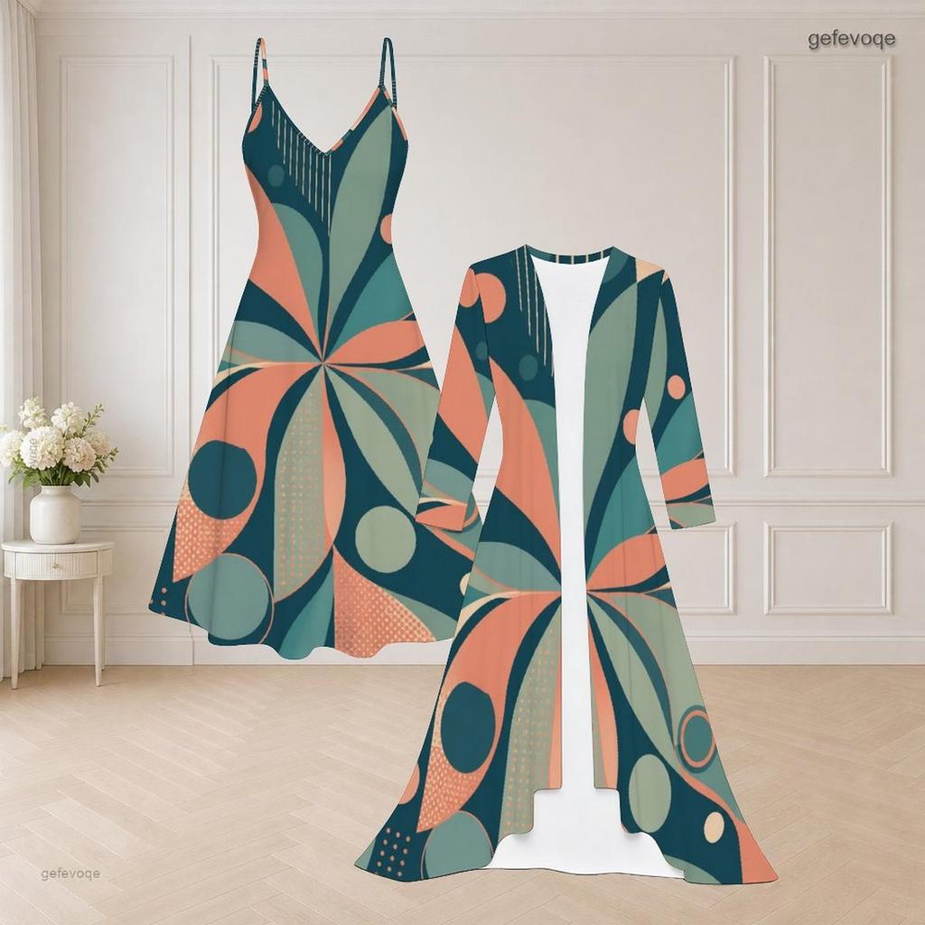 Women Plus Size Printed Two Piece Set Long Sleeve Open Front Cardigan Strappy V Neck Flared Dress