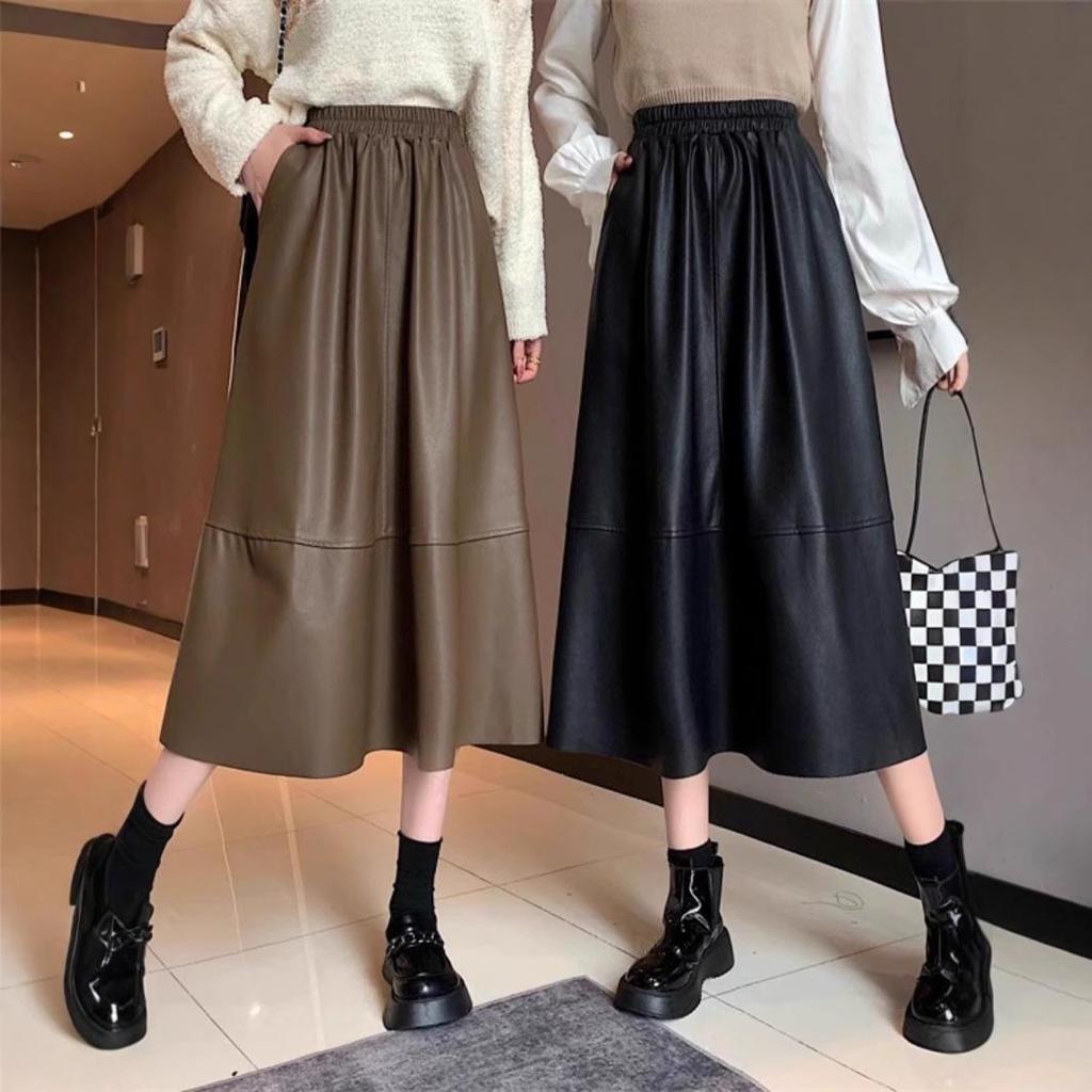 Damen Übergröße A-Linienrock mit hoher Taille aus braunem PU-Leder für Frühling, Herbst und Winter