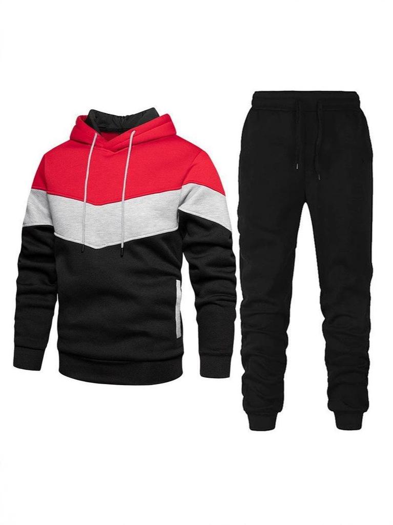 2026 Men's Three-Color Patchwork Hoodie: Trendy Versatile Casual Sports Sweatshirt Set