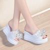 Fish Mouth Slope Heel Cool Slippers Women's Spring Summer Fashion Beaded Bow Word Muffin Thick-bottomed Slippers