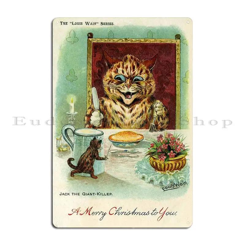 Victorian Weird Christmas Greetings Louis Wain Jack The Giant Killer Metal Plaque Poster Garage Living Room Tin Sign Poster