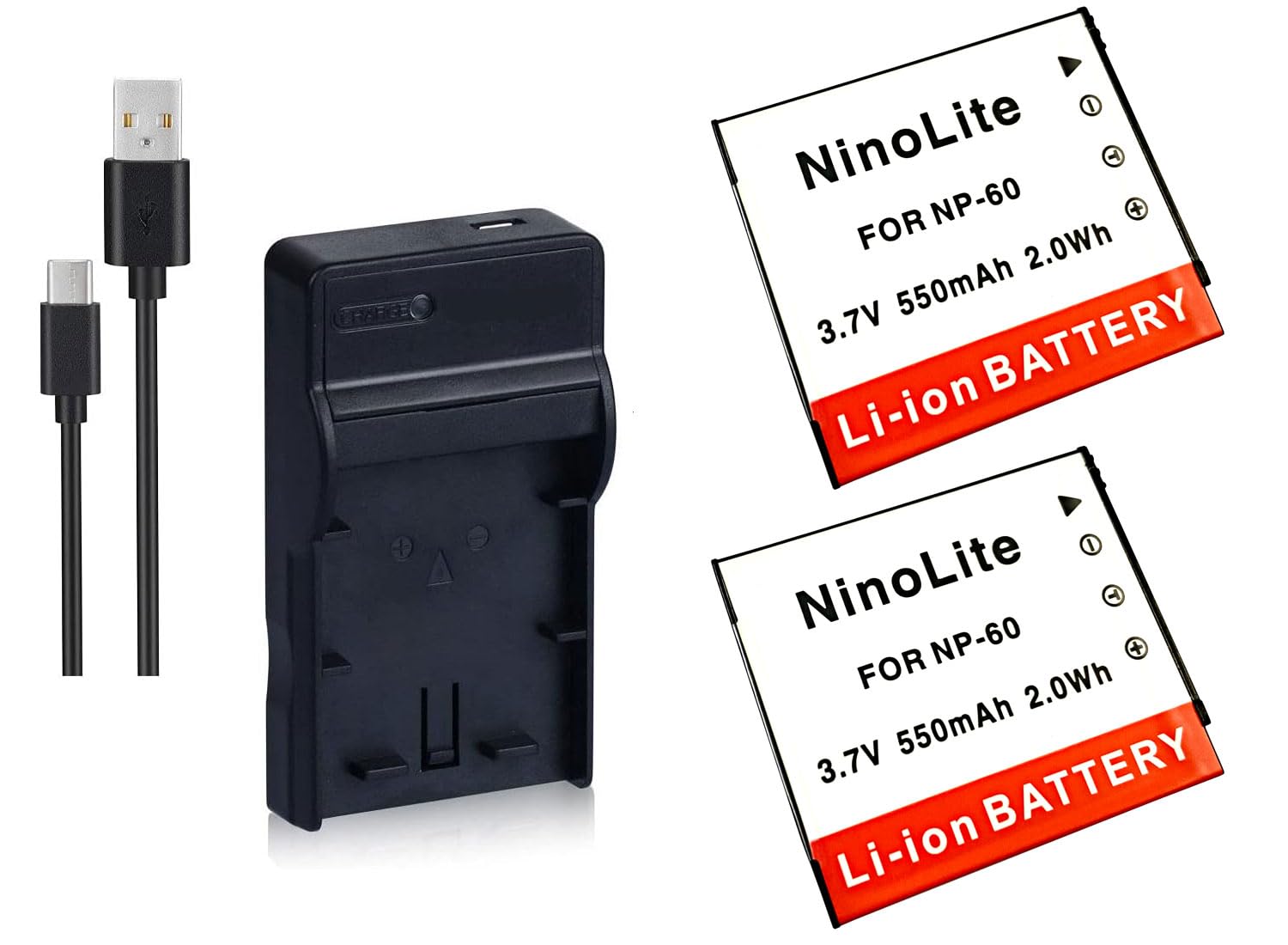 

NinoLite 4-piece set: 2 Casio NP-60 compatible batteries + USB charger + international plug, CASIO compatible dc75np60casiox2_t.k.gai