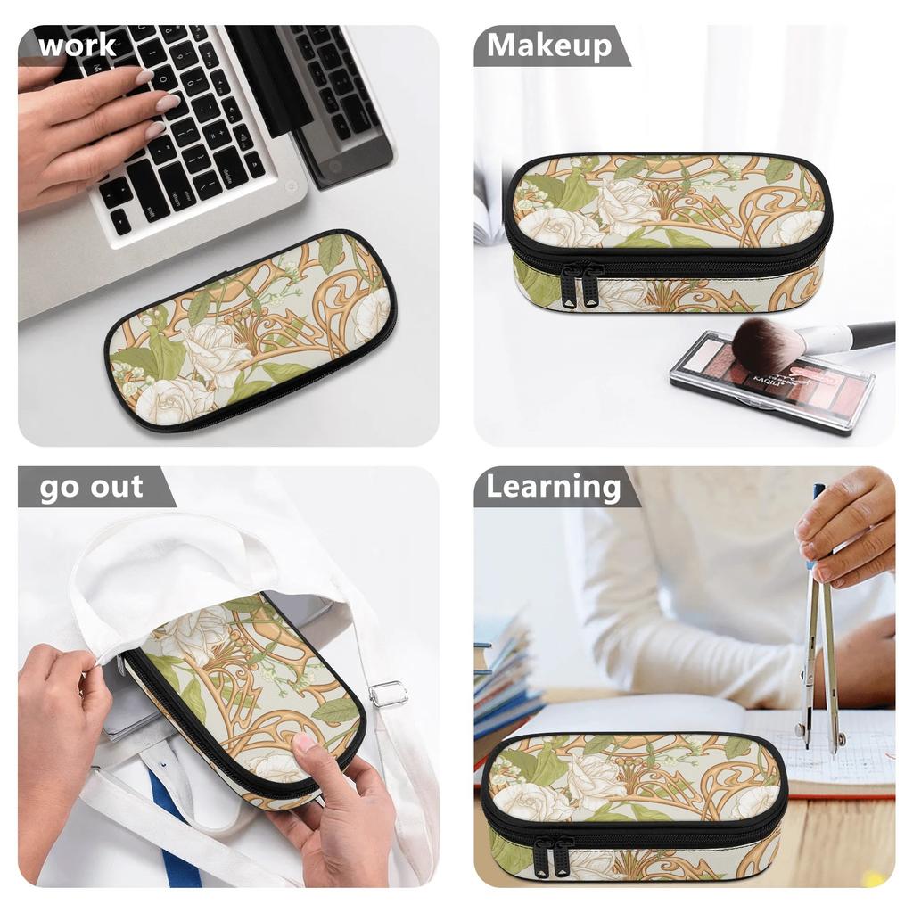 Pencil Case Portable Strong Polyester Fabric Zipper Closure with Mesh Pocket Removable Divider and Pen Slots for Students