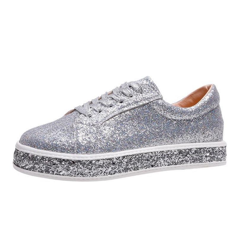 Flat Bottom Casual Round Head Lace-up Student Shoes Board Shoes Women's New Wish Large Size Sequined Women's Single Shoes