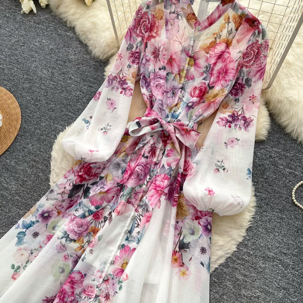 Summer New Pink Flower Print Chiffon Maxi Dress Women Long Lantern Sleeve Tiered Ruffle Long Dress Elegant Party Evening Dress