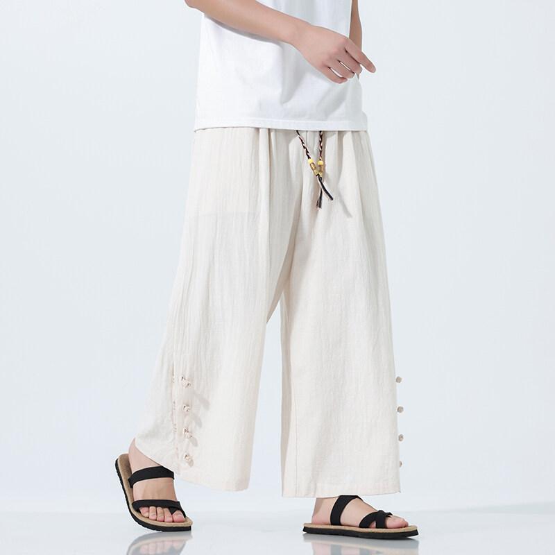 2025 Men Baggy Cotton Linen Pants Men Casual Wide Leg Oversize Jogger Trousers Men Vintage Drawstring Pants Male Skirt Pants