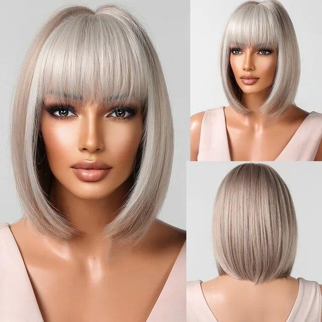 Short Orange Straight Bob Hair Synthetic Wigs with Bangs Orange Colorful Cosplay Party Wig for Women Heat Resistant Fiber Daily