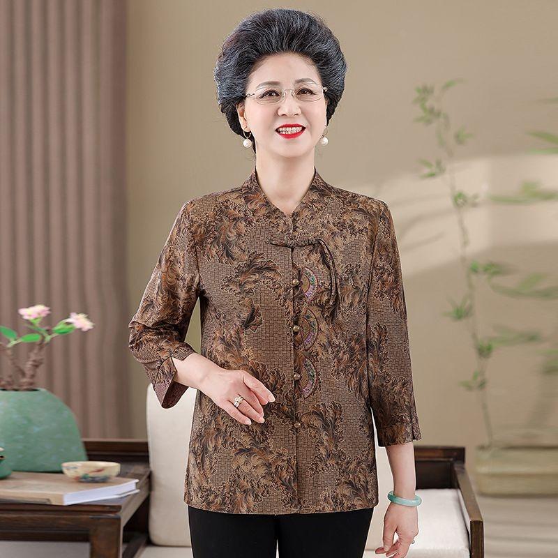 Middle-aged and Elderly Summer Clothes Spring Clothes Chinese Style Shirts Grandma Three-quarter Shirts Chinese Style Tops