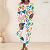 Women Plus Size Abstract Printed Two Piece Pants Set Round Neck Long Sleeve Longline Top Fitted Pants