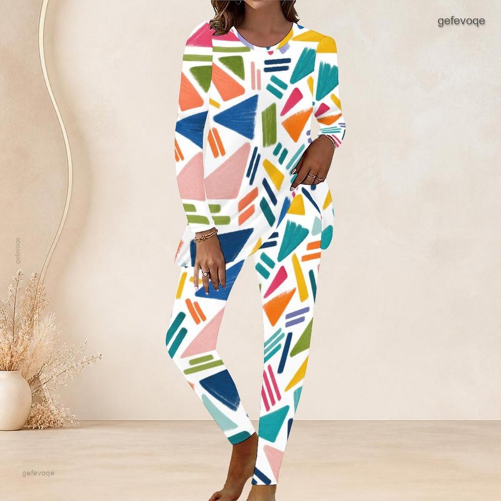 Women Plus Size Abstract Printed Two Piece Pants Set Round Neck Long Sleeve Longline Top Fitted Pants