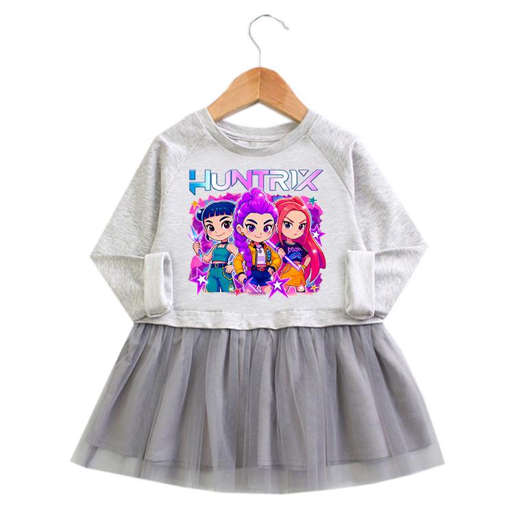 Dziewczęca Sukienka Kpop Rumi Zoey Mira z Nadrukiem Huntrix i Plisowaną Siateczką
