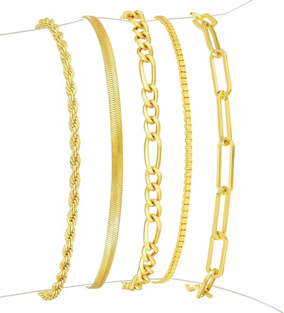 Waterproof Gold Bracelets Women 14K Gold Plated Stackable Bracelet Stack Set Paperclip Chain Snake Link Layered Jewelry Gifts
