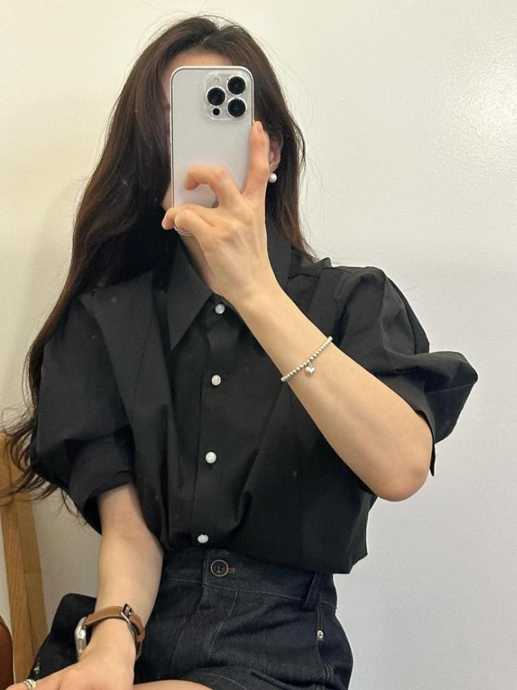 

Офисная леди элегантные белые рубашки летние французские фактурные однобортные рубашки с рукавами-фонариками повседневные топы с коротким рукавом шикарные женские L чёрный