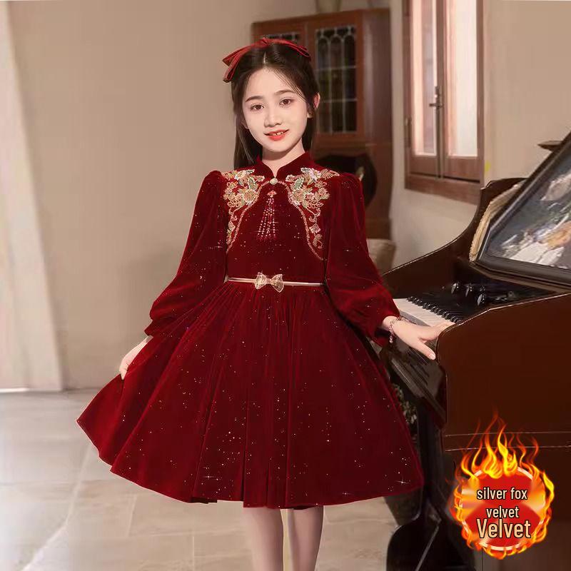 Korean Silver Fox Velvet 410g Girls' Formal Princess Dress - Autumn/Winter New Year's Gown