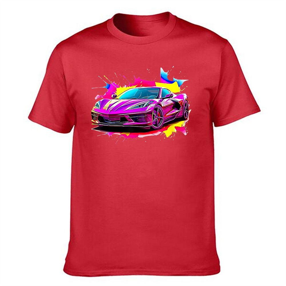 Vibrant Pink Sports Car Graphic Cotton Tshirt For Unisex Bold Splash Art Print Casual Short Sleeve Tee Trendy Streetwear Top For