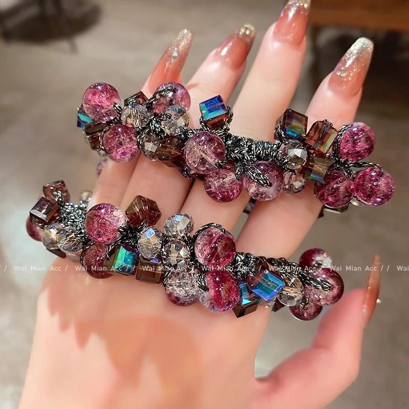 1PC high-end fuchsia head flower crystal hair band women's ponytail headrope 2025 new ball head tie hair rubber band hair accessories