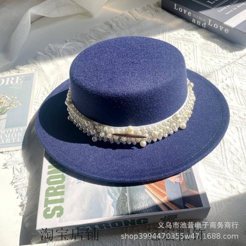 White Pearl Flat Top Woolen Top Hat Female Autumn and Winter British Retro Socialite Elegant French Wide Brim