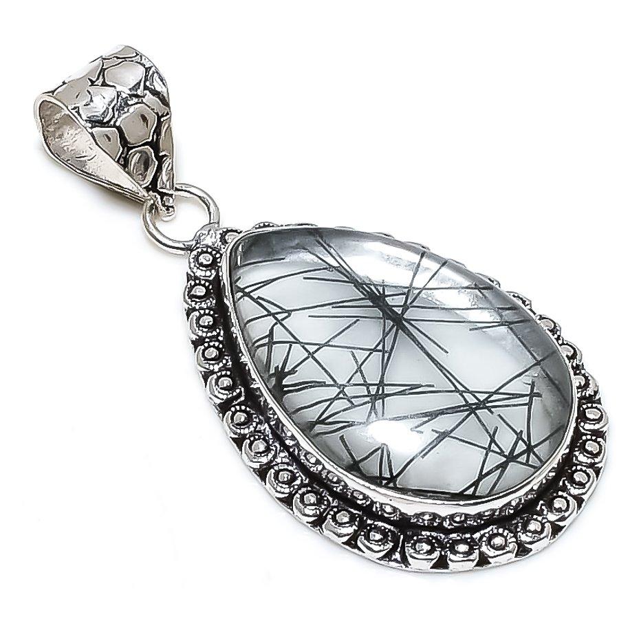 Black Rutile Gemstone Handmade 925 Sterling Silver Jewelry Pendant 2.05" SU-10733