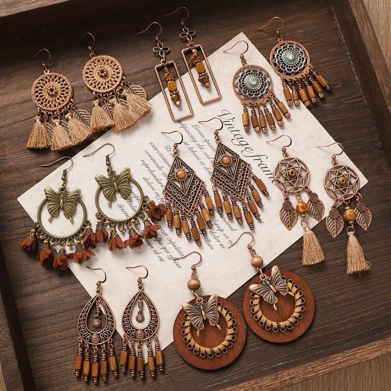 Vintage Ethnic Unique Brown Earrings for Women Bohemian Unusual Geometric Tassel Water Drop Earring Female Jewelry