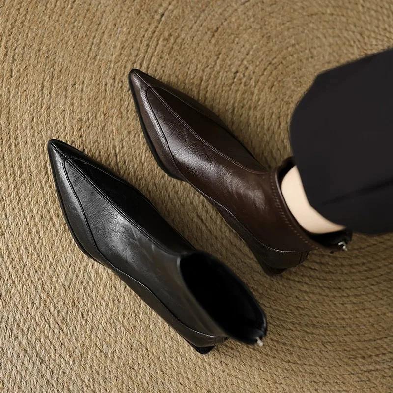 Women's Pointed Toe Block Heel Ankle Boots  AW New - Slim Elastic Fashion, Real Leather Feel, Trendy Cold-Season Footwear