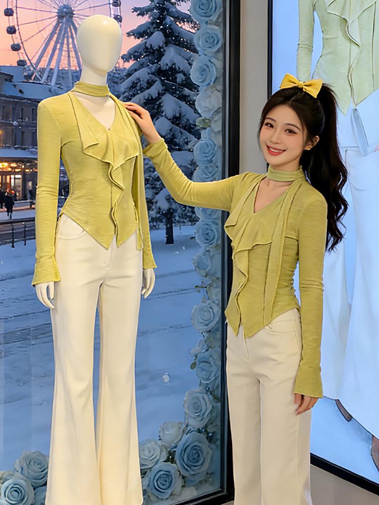 Ruffle Tie V-Neck Long Sleeve Green Slimming Casual T-shirt for Women