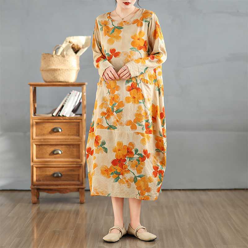 

Новые платья ретро с принтом, круглым вырезом, длинными рукавами, свободного кроя, больших размеров, длинные One Size