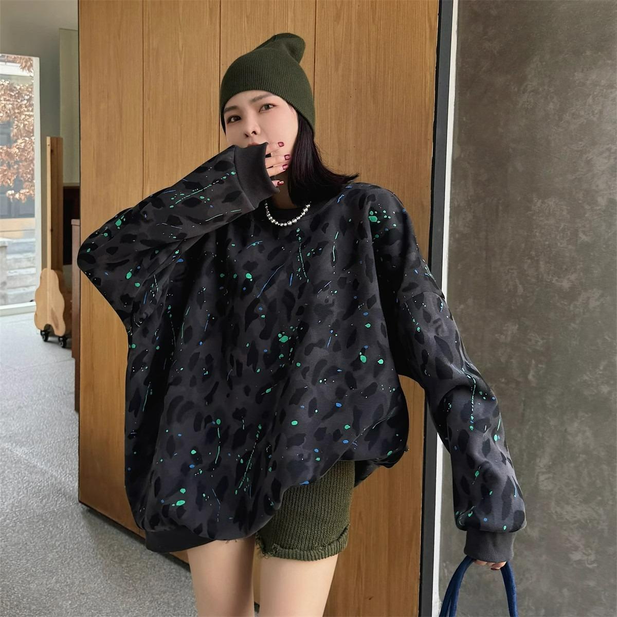 Plus Size Women s Fat Mm Winter Leopard Print Plus Velvet Thickened Long-sleeved Sweater Mid-length Top M темно серый 4090₽