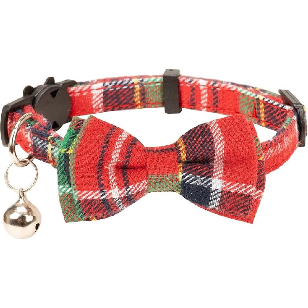 Christmas Cat Collar with Bow Tie Flower Sailor Bowtie Breakaway Safety Detachable Plaid Kitten Cats Pet Cute B Sailor Bow-Red