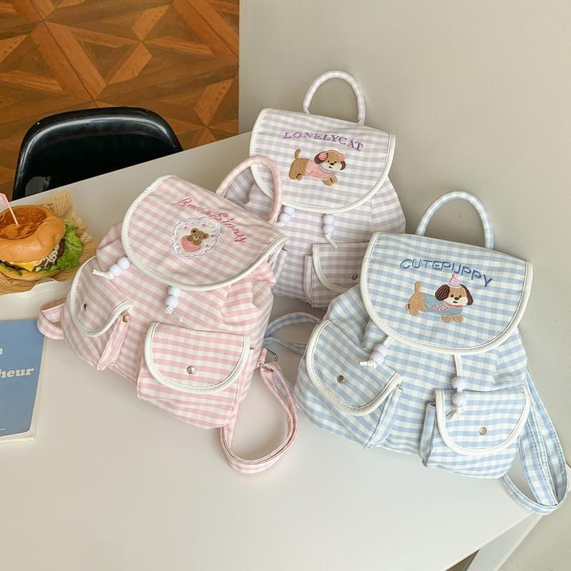 Cartoon Dog Embroidered Checkered Pattern Mini Backpack For Girls With Nylon Interior For Daily Use