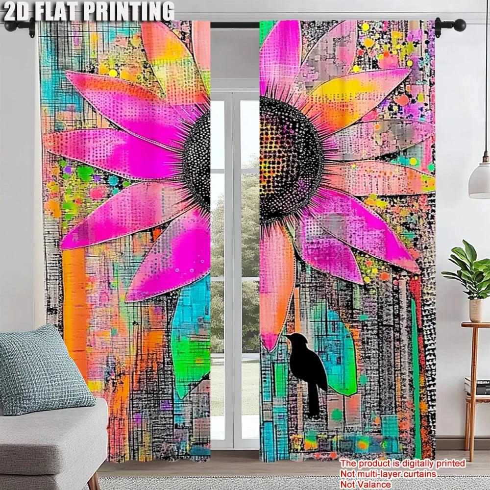 

2Pcs Contemporary Sunflower Print Blackout Curtains Polyester Rod Hole Machine Washable For Bedroom Living Room Dining Room_ai4 100*130 HOOK 1pcs
