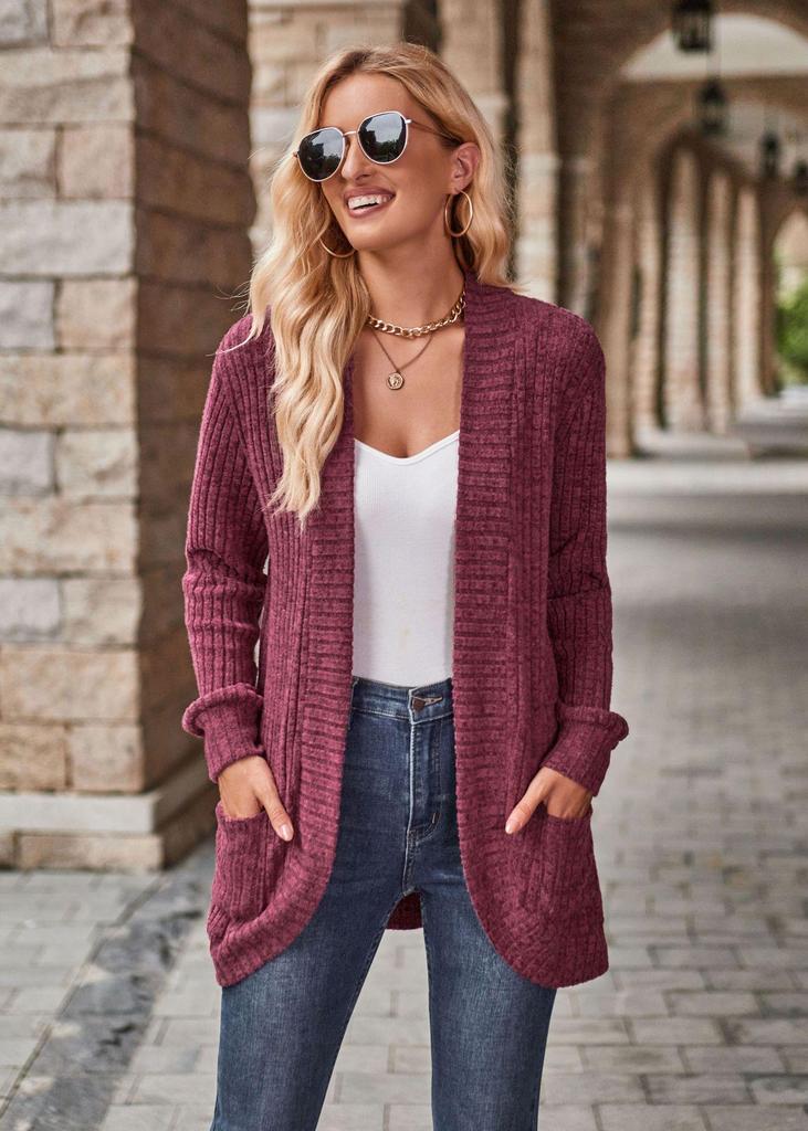 2025 Autumn Solid Color Ribbed Brushed Patchwork Long Sleeve Cardigan Jacket