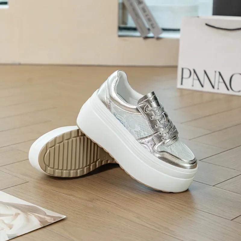 Móda 8cm Nové Dámské Krajkové Robustní Tenisky Móda Léto Dutá Platforma Klínek Baleríny Pohodlné Kotníkové Boty Boty Vzdušná Síťovina Kůže Pravá