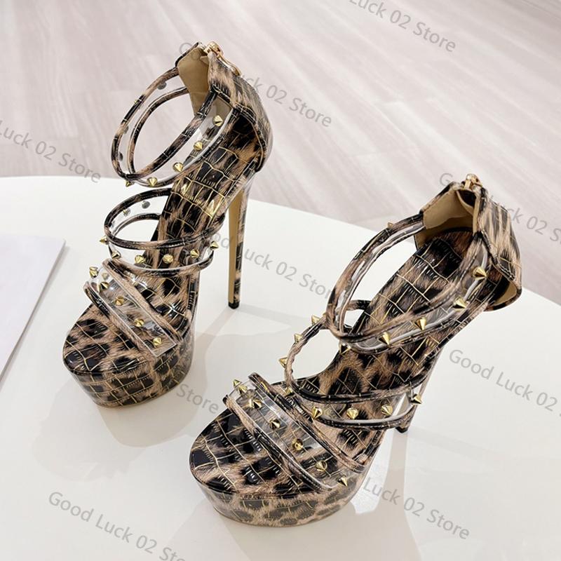 Fashion 2025 Fashion Design Metal Rivets PVC Women Zip Cover Strap Sandals Sexy Leopard Print Platform High Heels Banquet Party Shoes