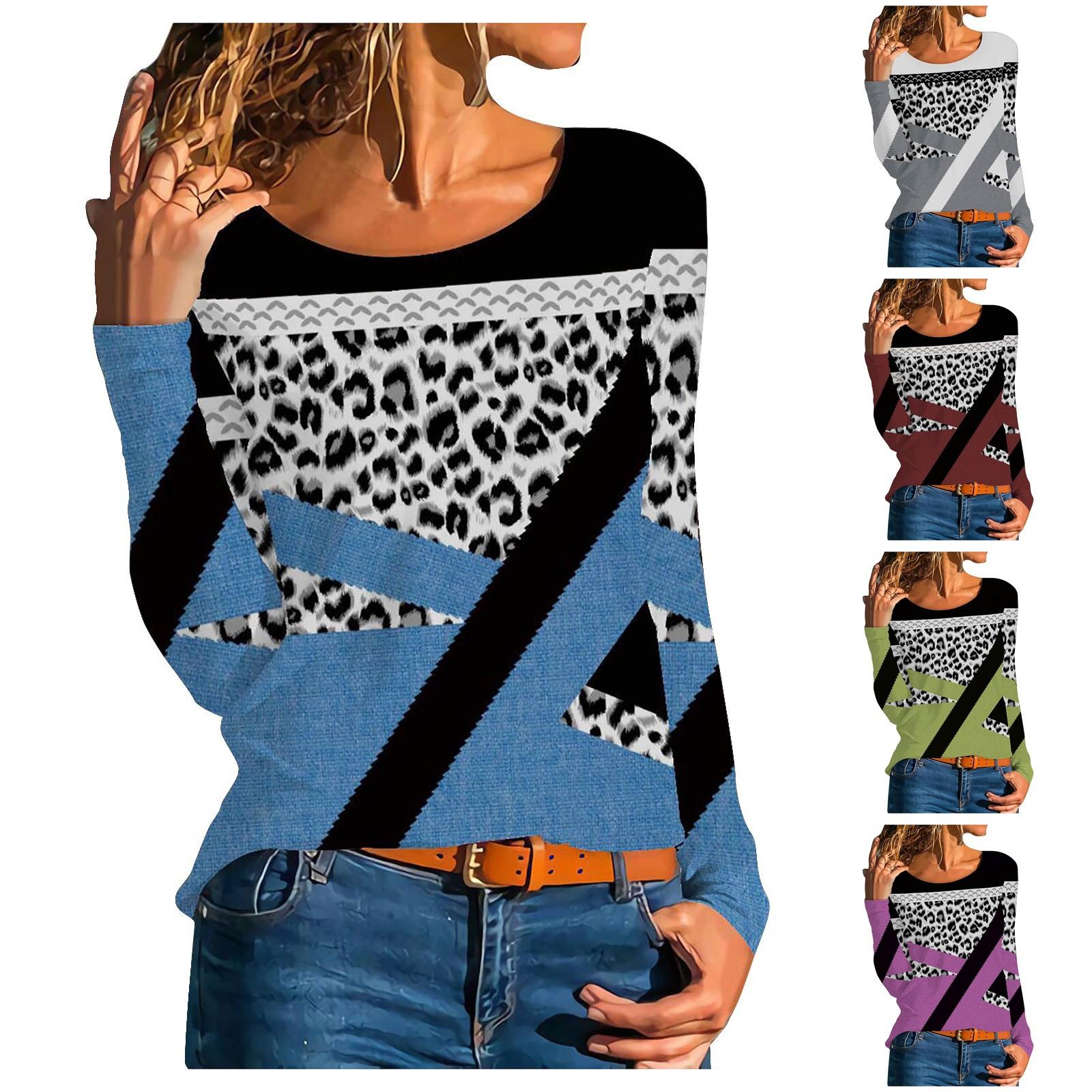 

Женская модная повседневная темпераментная блузка с длинным рукавом в полоску с круглым вырезом и геометрическим принтом