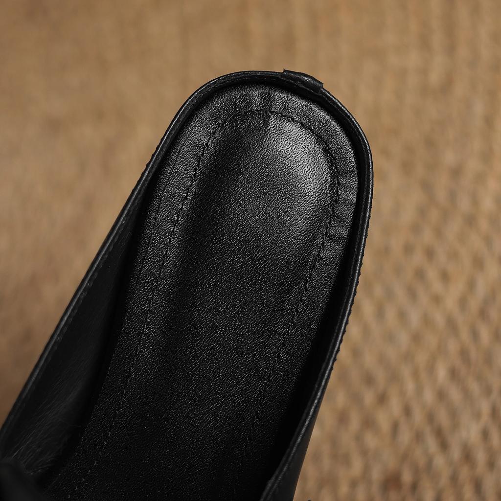 Fashion Women's new summer genuine leather cowhide color blocked round toe, mid heel, plus size belt buckle, wrapped in Mueller slippers