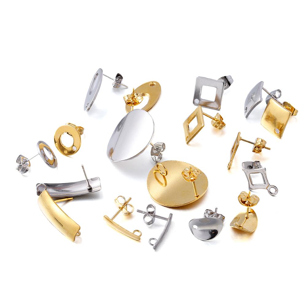 10-20pcs Stainless Steel Blank Earring Stud Golden Earrings Base With Earring Plug Connectors For DIY Jewelry Making Accessories