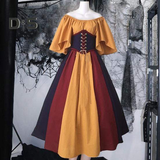 Women Halloween Dress Halloween Party Costume Flying Sleeve A-line Big Hem Contrast Color Patchwork Off Shoulder Pleated Tight Waist Medieval Vintage