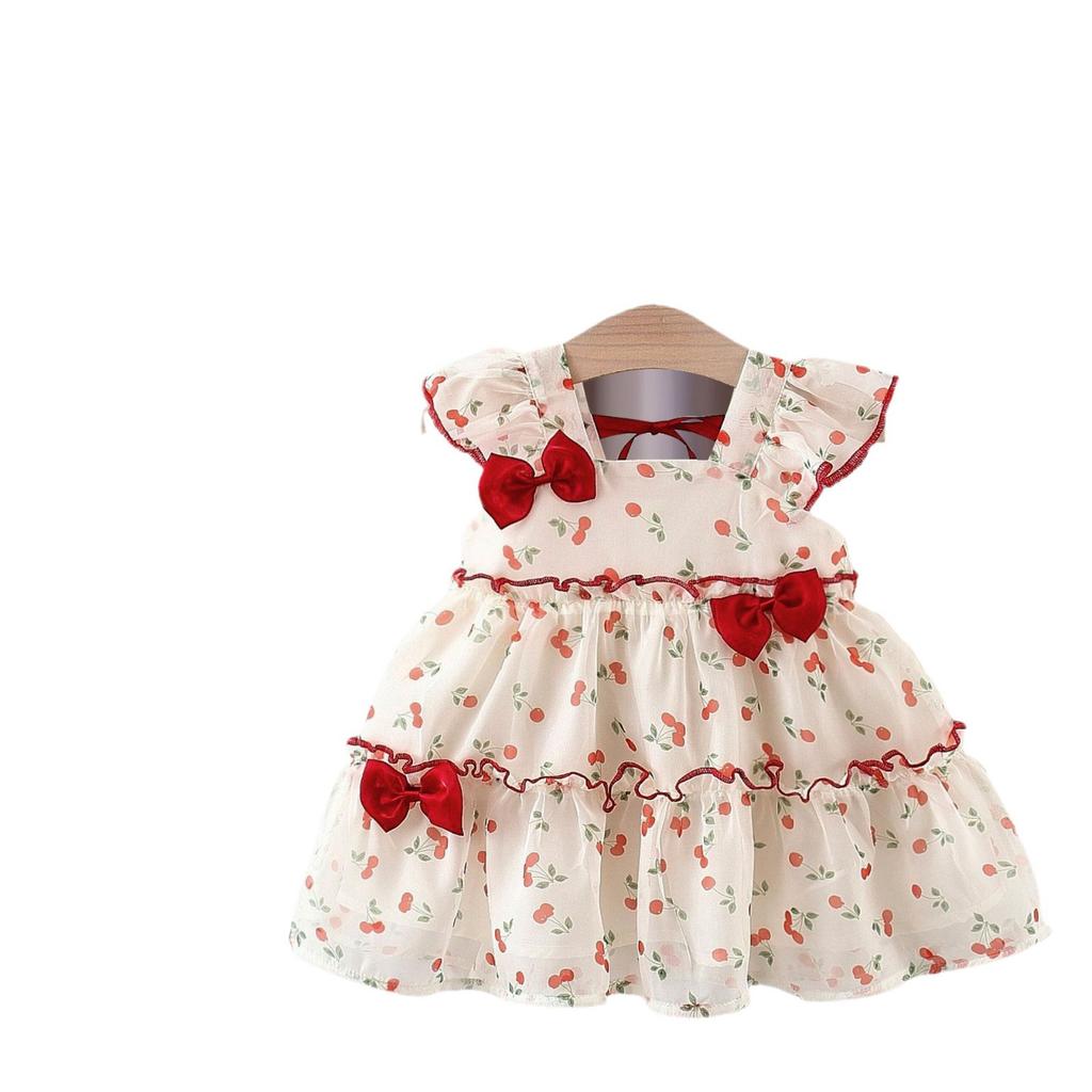 Flickklänning Sommar Barn Körsbär Prinsessklänning Babyflicka Chiffong Söt Kortärmad Klänning