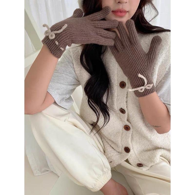 Student riding warm gloves autumn and winter cute bow knitted gloves female student finger gloves